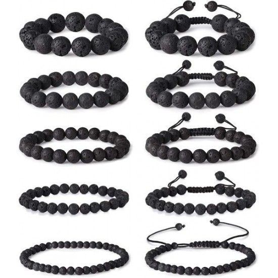 10Pcs Lava Bead Bracelets For Men Women Natural Stone Essential Oil Diffuser Yoga Bracelet Elastic Adjustable Braided Rope 10Pcs Lava Bead Bracelets For Men Women Natural Stone Essential Oil Diffuser Yoga Bracelet Elastic Adjustable Braided Rope